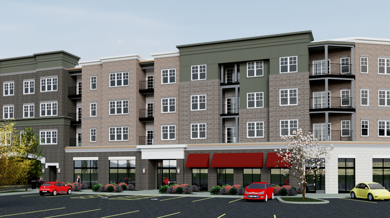 A rendering of a multi-story apartment building with a red car parked in front.